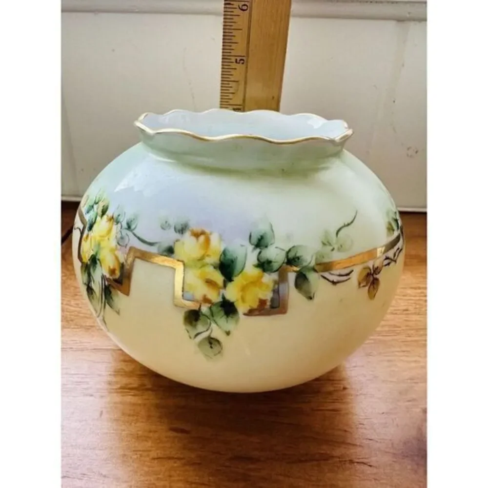 Vintage Hand Painted Yellow Flowers Vase Green & Gold‎ Accents 4.5